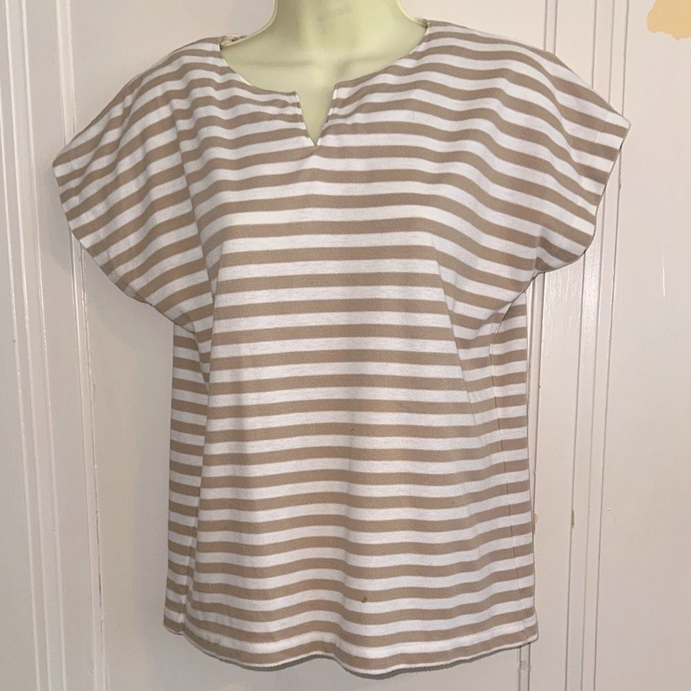 Vintage 80s Easton Park Striped Tan & White Polyester/Cotton Knit Cap Sleeve Top